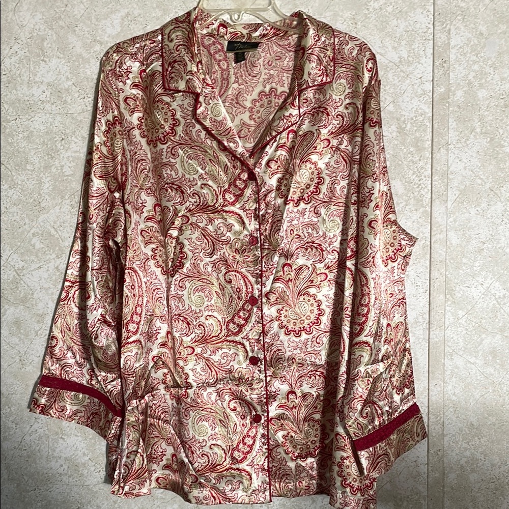 Thalia Sodi Intimates Woman Long Sleeve Red & Cream Paisley Satin Pajama Top 2X
